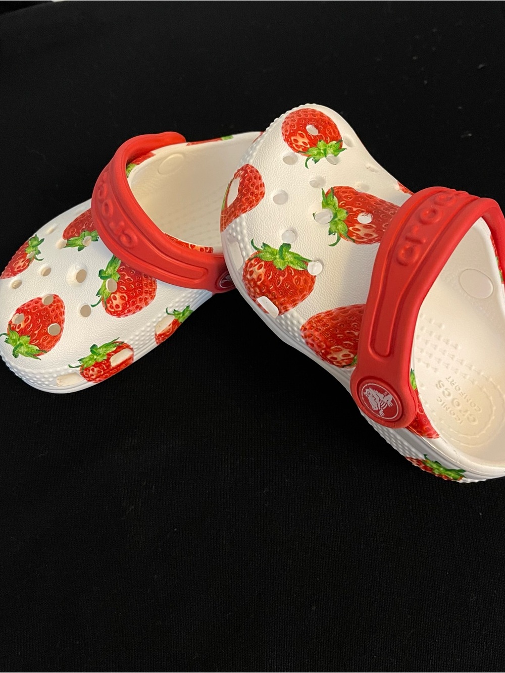 CROCS Toddler/Kids' White Clogs with Red Strawberry Print and Red Strap